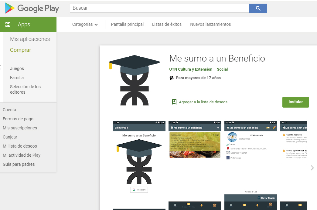 Imagen de google play app me sumo a un beneficio utn