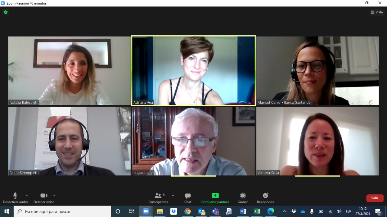 (Reunión virtual firma de convenio, de izquierda a derecha): Natalia Ballestretti, Adriana Fea,  Marisol Carró,  Pablo Simonpietri, Miguel A. Sosa y María Victoria Sosa.