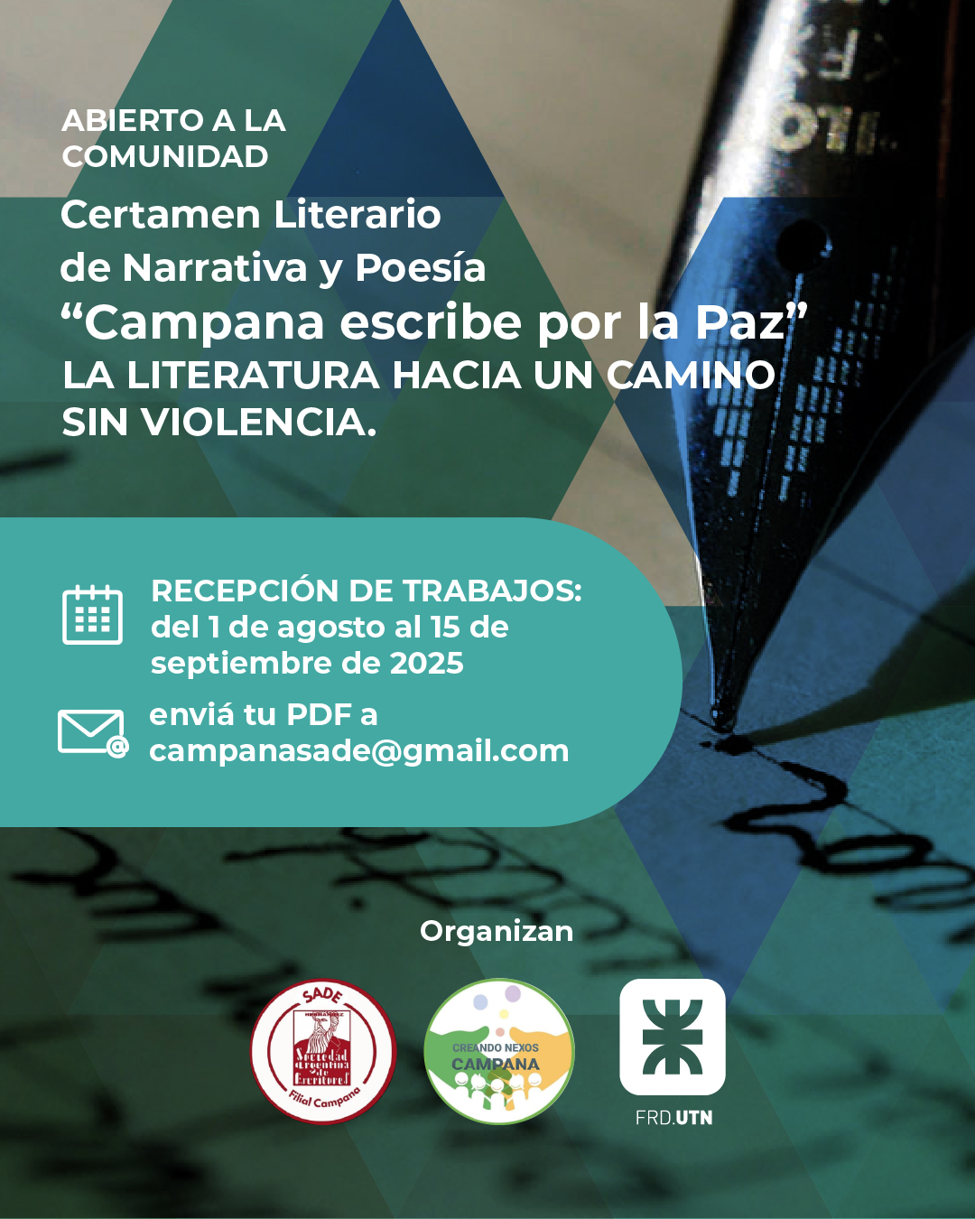 Flyer de convocatoria al Certamen Literario: Campana escribe por la Paz 2025 - La literatura como camino hacia un mundo sin violencia